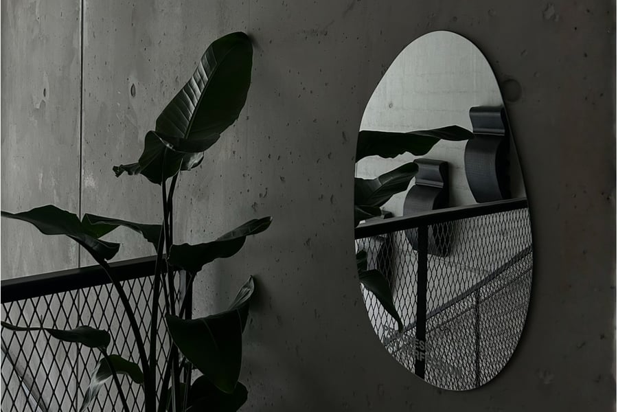 A sculptural mirror and bird-of-paradise plant against the studio's concrete wall